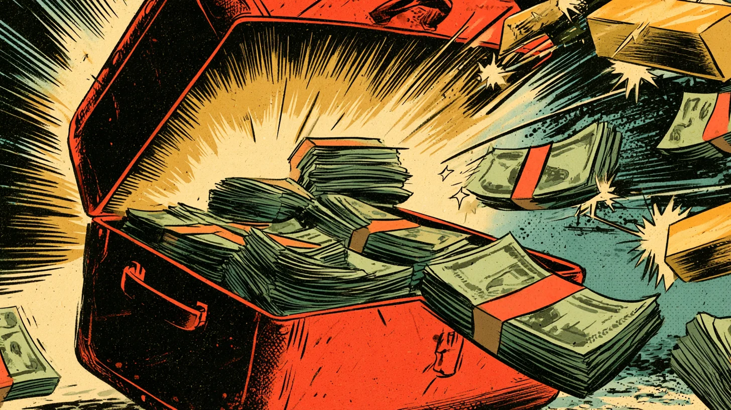 Briefcase bursting open with cash and gold bars