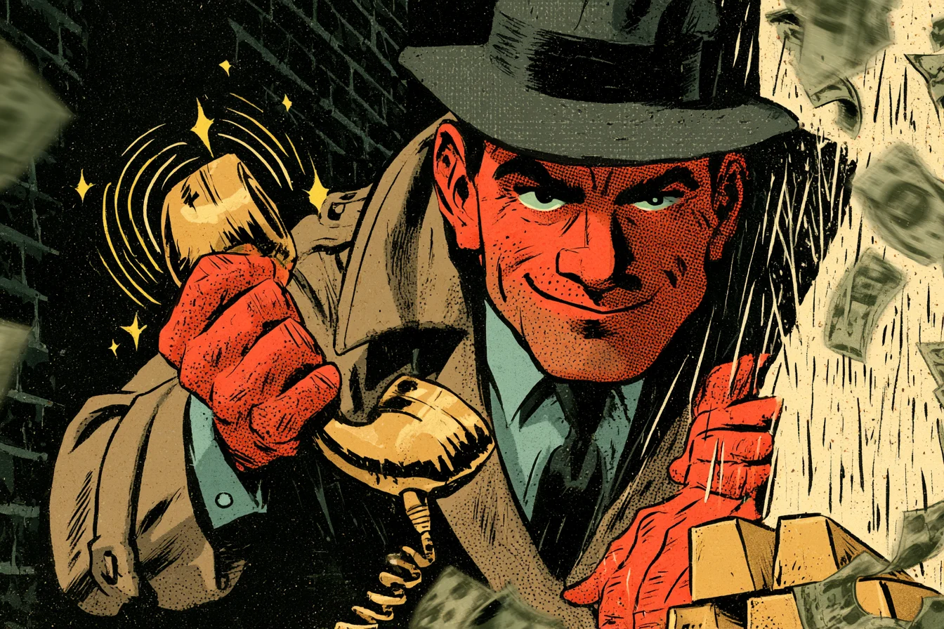 Grinning insider in a fedora holding out a ringing gold telephone