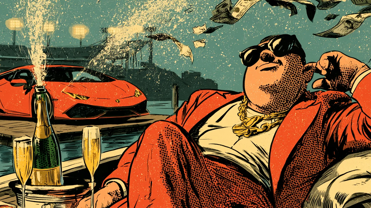 High roller in a red suit and gold chain lounging on a yacht with champagne and a red sports car