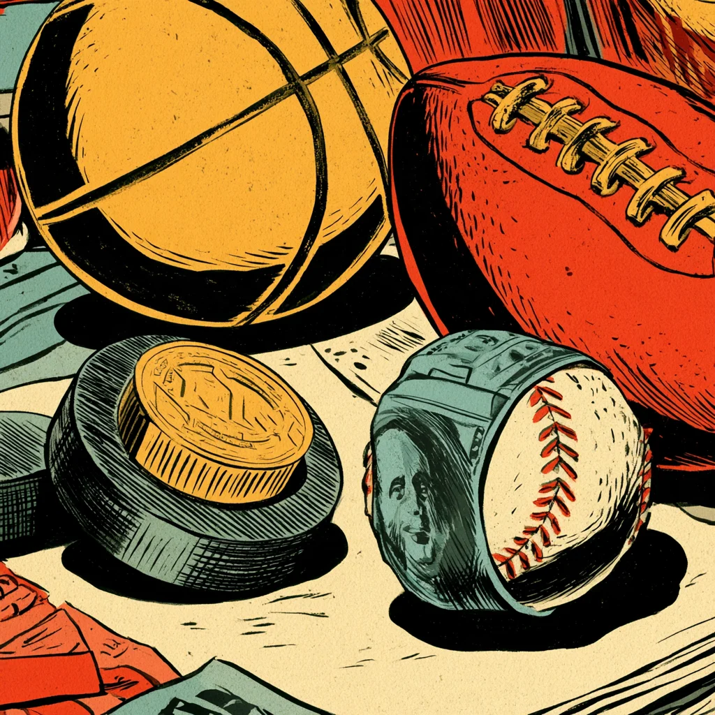 Gold basketball, football with gold laces, gold puck and cash-wrapped baseball